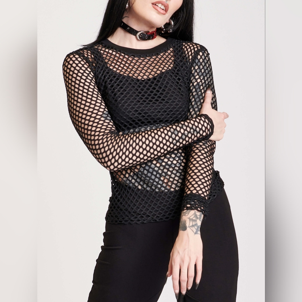 Midnight Hour Fishnet Long Sleeve Top Black